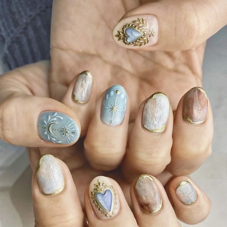 Regency Era Inspired Nails, Brigerton Nail Art, Birth Of Venus Nails, Bridgerton Inspired Nails Ideas, Lapis Nails, Pride And Prejudice Nails, Romeo And Juliet Nails, Vintage Inspired Nails, Marie Antoinette Nails