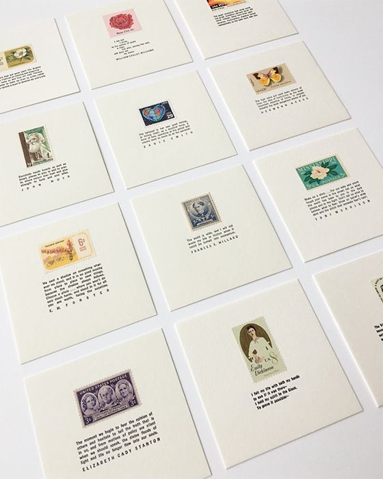 many different types of stamps are displayed on the white table top, including one for each stamp