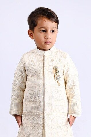 Ivory sherwani featuring intricate animal and floral motif sequin embroidery. Paired with a matching kurta and churidar., Fit: Relaxed Nehru Jacket With Pearl Embroidery For Eid, Festive Nehru Jacket With Pearl Embroidery For Eid, Traditional Nehru Jacket With Pearl Embroidery For Eid, Cream Bandhgala For Festive Occasions Like Diwali, Pearl Embroidered Nehru Jacket For Eid, Festive Cream Traditional Wear With Motifs, Festive Cream Nehru Jacket For Eid, Off White Bandhgala For Diwali Festive Occasion, Off White Bandhgala For Diwali Festive