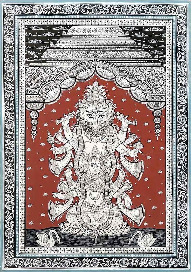 an intricately decorated painting depicting the hindu god in red and white colors, with swans around it