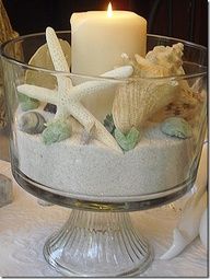 a glass bowl filled with sand and seashells