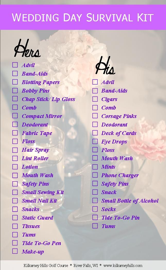 a wedding day survival checklist with flowers in a vase on the table and text overlaying it