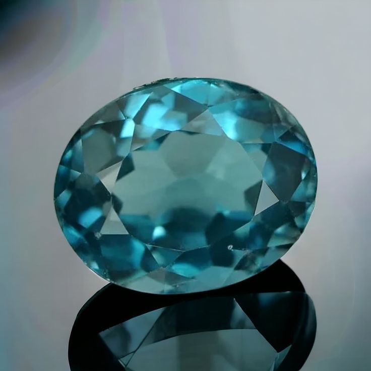 an aqua colored diamond sitting on top of a table