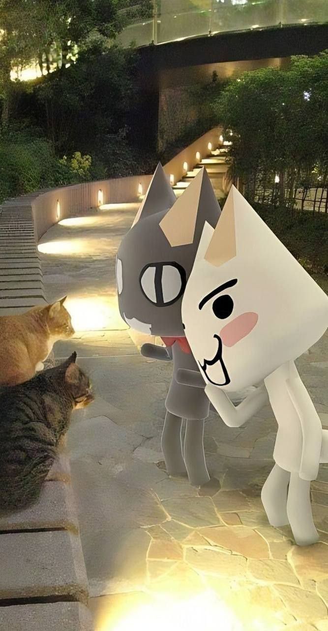 an animated cat is standing next to another cat on the ground in front of a building