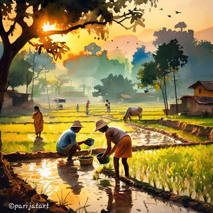 the painting depicts people working in a rice field at sunset, with cows grazing on the other side