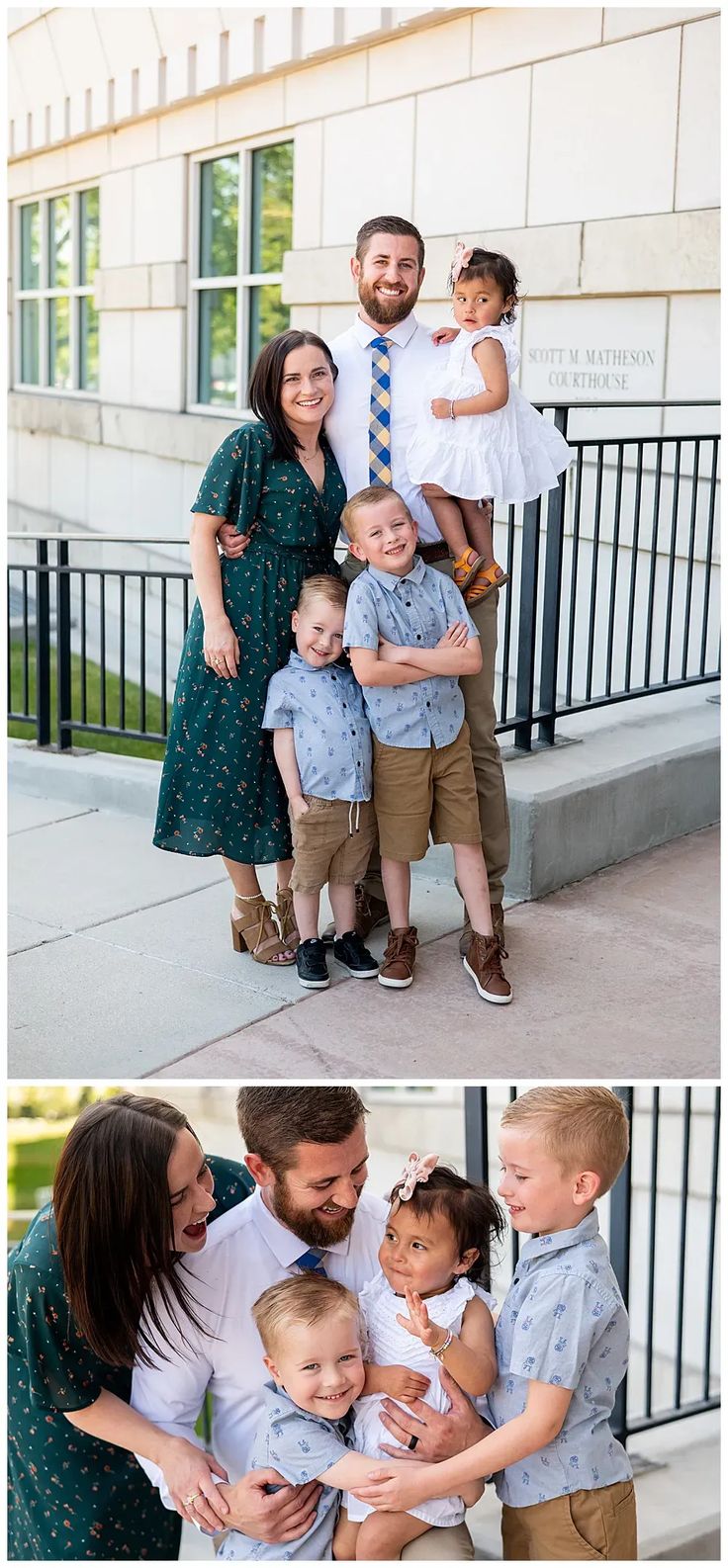 a family posing for a photo in front of a building with the caption's name on it