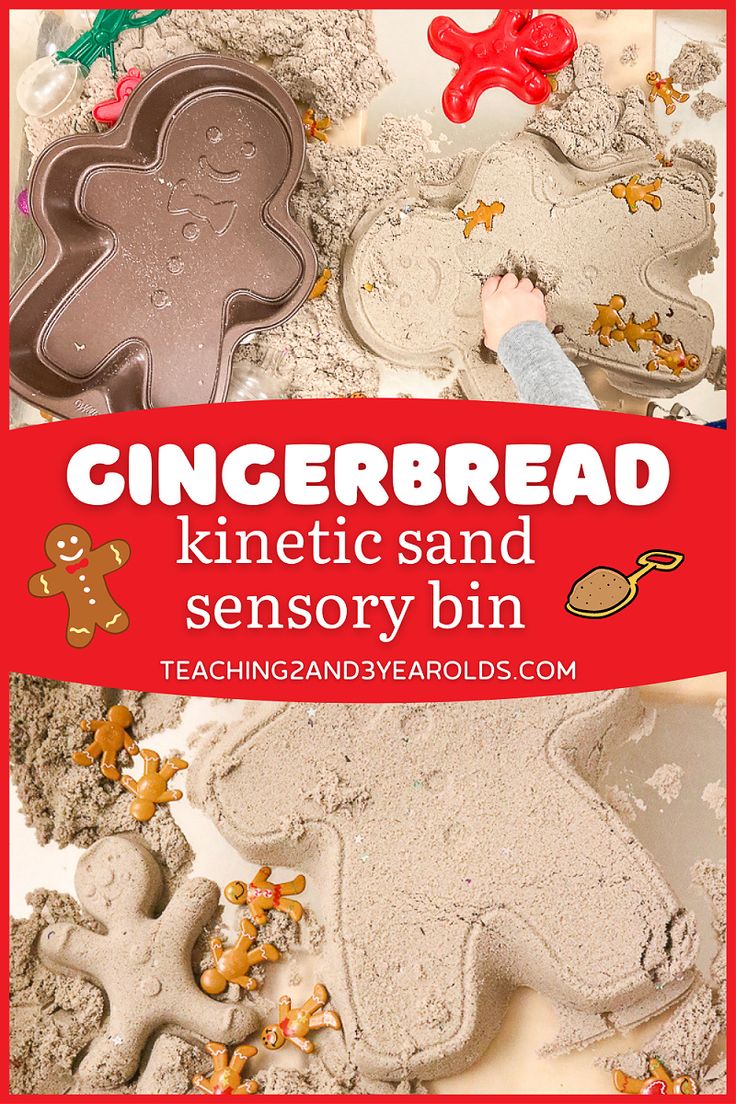 an image of gingerbread cookies in the sand with text overlay that reads, gingerbread knette sand sensory bin