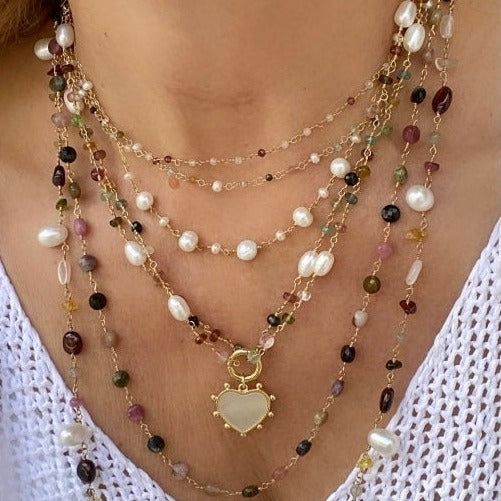 TINY GEMSTONE AND PEARL NECKLACE - MIRABELLE – POSHMIRA Beaded Necklace Chain, Chain And Bead Necklace, Gold Beaded Jewelry, Large Necklaces, Long Beaded Necklaces, Gems Necklace, Necklaces Layered, Homemade Necklaces, Rosary Style Necklace