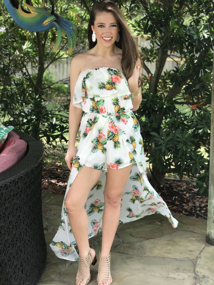 The cutest pineapple patterned off the shoulder romper with maxi skirt! Double lined and thick material Elastic around top and waistband Paige is 5'2" and is wearing a small, runs true to size! One-shoulder Spring Vacation Jumpsuits And Rompers, One Shoulder Jumpsuits And Rompers For Spring Vacation, One Shoulder Jumpsuits For Spring Vacation, Casual One-shoulder Jumpsuits And Rompers For Beach, Casual One-shoulder Jumpsuit For Beach, Casual One-shoulder Jumpsuits And Rompers For Vacation, Summer Tropical Print Off-shoulder Dress, Summer Off-shoulder Tropical Print Dress, Off-shoulder Tropical Print Dress For Vacation