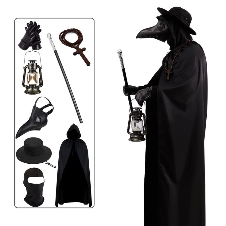 a man in a black plague costume holding a lantern and wearing a hat with two other items surrounding him