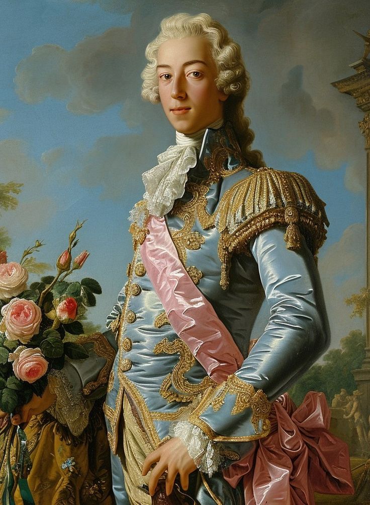 a painting of a man in blue and pink clothing with flowers on the ground next to him