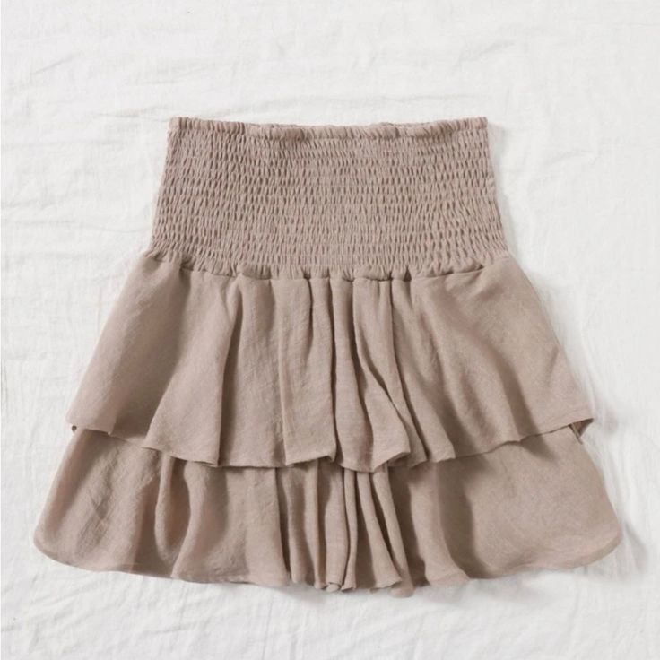 Brand New Mini Skirt, Never Worn, Very Pretty Size L Beige Non-stretch Tiered Skirt, Beige Ruffled Skirt Bottoms, Beige Ruffle Hem Mini Skirt, Chic Non-stretch Tiered Mini Skirt, Flowy Beige Skirt With Ruffle Hem, Beige Ruffle Hem Bottoms For Summer, Beige Summer Bottoms With Ruffle Hem, Solid Mini-length Bottoms With Ruffle Hem, Solid Ruffle Hem Mini Skirt