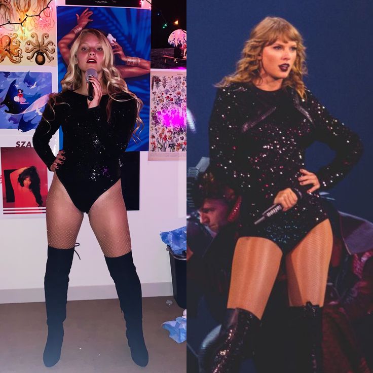 two photos of taylor swift and taylor's performance at the vmas show, one is wearing thigh high boots