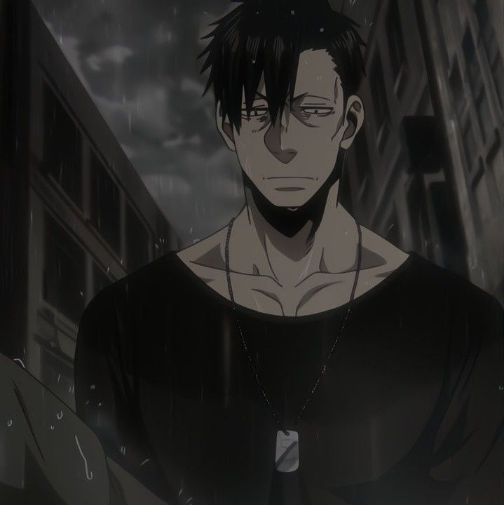 an anime character standing in the rain with his eyes closed and one hand on his chest