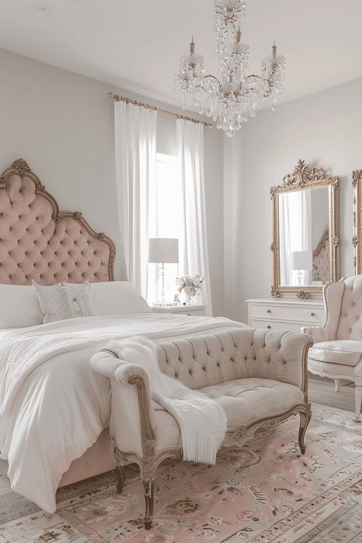 a bedroom with a bed, chair and chandelier in the middle of it