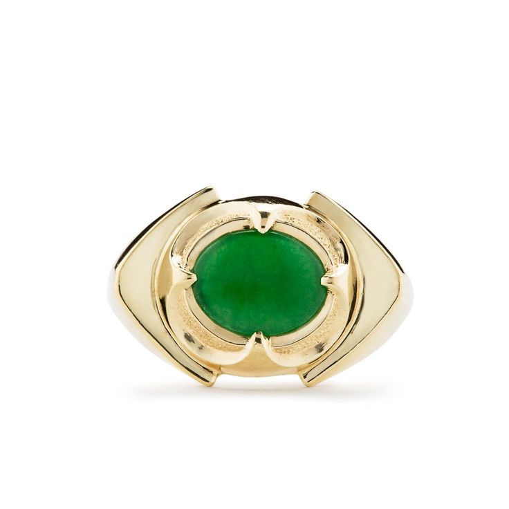 Jade Fortune is an 18K yellow gold custom crafted Jade ring featuring a fine quality translucent Emerald green jade cabochon set across the finger. This vintage ring is unisex and is currently finger size 7, the Jade measures 10.1 x 8.1 x 1.6mm. Jade Ring, Green Jade, Vintage Ring, Jade Green, Estate Jewelry, Old World, Emerald Green, Vintage Rings, Turquoise Ring