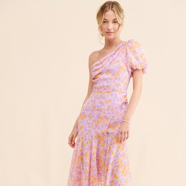 Santorini Midi Dress | Nuuly Rent Fitted One-shoulder Maxi Dress For Spring, Chic One Shoulder Midi Dress For Garden Party, One-shoulder Dresses For Garden Party, Feminine Fitted One-shoulder Maxi Dress, Fitted One-shoulder Midi Dress For Garden Party, One Shoulder Dresses For Garden Party, Feminine One-shoulder Floral Print Dress, Feminine One-shoulder Midi Dress For Day Out, Feminine One Shoulder Floral Print Dress