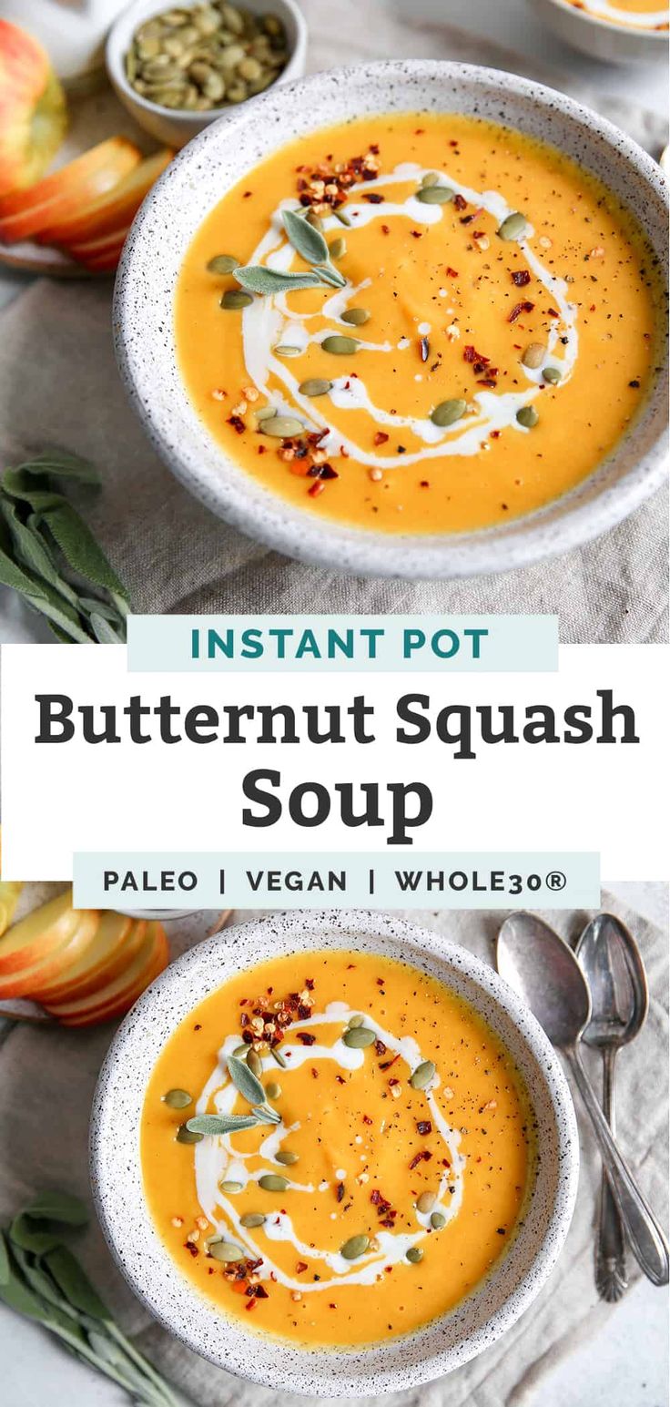 two bowls filled with butternut squash soup