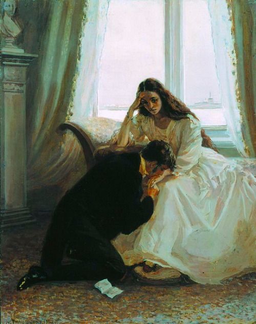 a painting of a woman sitting next to a man on a bed in front of a window