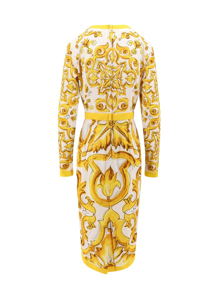 94% silk 6% elastane Luxury Baroque Print Dress, Luxury Yellow Silk Dresses, Elegant Silk Dress With Baroque Print, Fitted Dress With Baroque Print For Formal Occasions, Fitted Baroque Print Dress For Formal Occasions, Fitted Dress With Baroque Print For Formal Events, White Luxury Silk Midi Dress, Formal Fitted Dress With Baroque Print, Elegant Spring Dress With Baroque Print