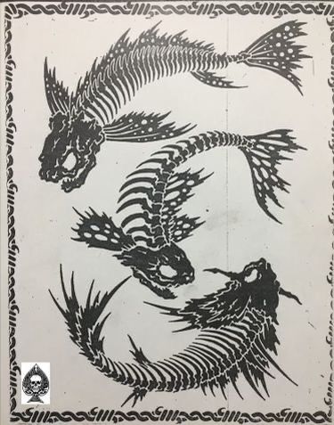 two black and white drawings of fish on paper