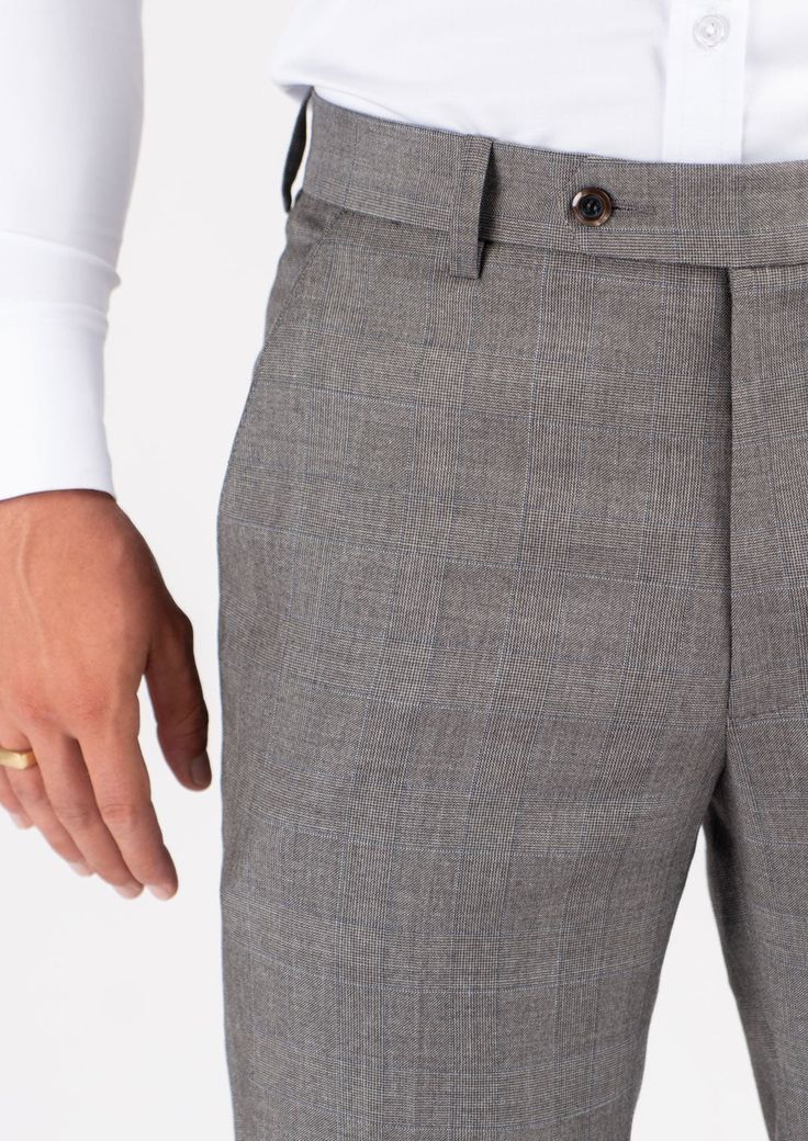 Our Spanish Grey Prince Of Wales pants are expertly tailored with a unique light grey, lightweight fabric that is sure to make a statement. Crafted by experienced artisans, the pants are made to ensure a perfect fit with superior comfort. A timeless color and style, these custom pants are the perfect way to upgrade your wardrobe. Gray Fitted Straight Leg Bottoms, Fitted Straight Leg Gray Bottoms, Fitted Gray Cotton Pants, Gray Slim Fit Straight Pants, Gray Tapered Leg Pants With Belt Loops, Gray Slim Fit Tapered Leg Bottoms, Slim Fit Gray Tapered Leg Bottoms, Fitted Gray Pants With Pockets, Gray Fitted Ankle Pants