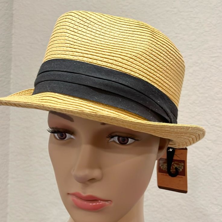 Nwt Angela & William Straw Hat W/ Black Band Adjustable Yellow Fedora For Summer, Lightweight Fitted Casual Hat, Yellow Casual Fedora With Flat Brim, Casual Yellow Panama Hat With Curved Brim, Yellow Flat Brim Fedora Casual Style, Casual Yellow Fedora With Flat Brim, Casual Yellow Panama Hat For Spring, Casual Yellow Wide Brim Hat, Yellow Casual Fedora Panama Hat