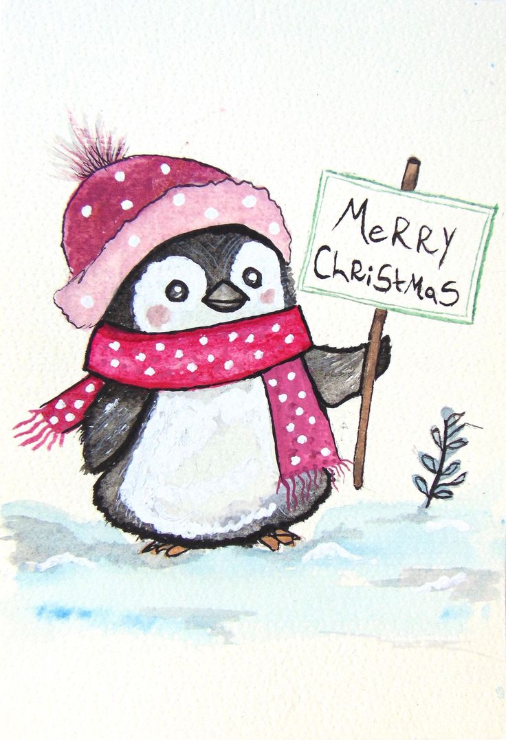 a watercolor painting of a penguin holding a merry christmas sign