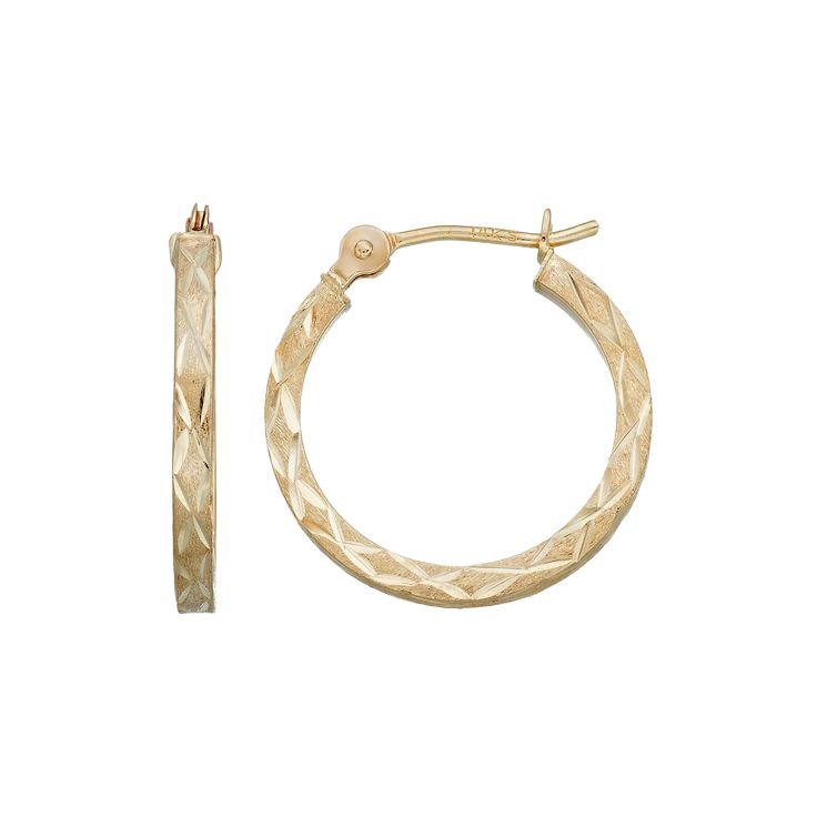 Accentuated with diamond-cut details, these 14k gold hoop earrings are the perfect complement to your outfit. Click on this JEWELRY & WATCHES GUIDE to learn about fit, styles, materials and more!EARRING DETAILS Diameter: .59 in. Backings: click-it Metal: 14k gold Size: One Size. Gender: female. Age Group: adult. 14k Yellow Gold Diamond Cut Hoop Earrings, Yellow Gold Hoop Jewelry With Diamond Cut, 14k Hoop Earrings For Anniversary, Yellow Gold Hoop Earrings With Diamond Cut, Small Hoop Earrings In Yellow Gold With Diamond Cut, 14k Gold Diamond Cut Hoop Earrings For Anniversary, Small Hoop Diamond Cut Earrings For Anniversary, Small Diamond Cut Yellow Gold Hoop Earrings, 14k Gold Huggie Earrings With Diamond Cut