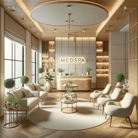 a room with chairs, couches and tables in front of a large window that reads medspa