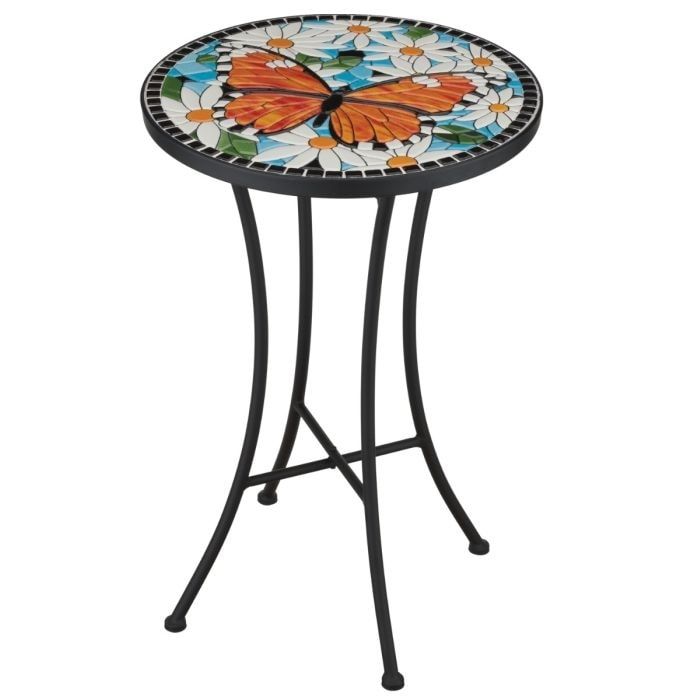 a small table with a butterfly on it's side and flowers painted on the top