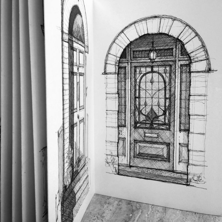 a drawing of an entrance to a building with a door and window on the wall