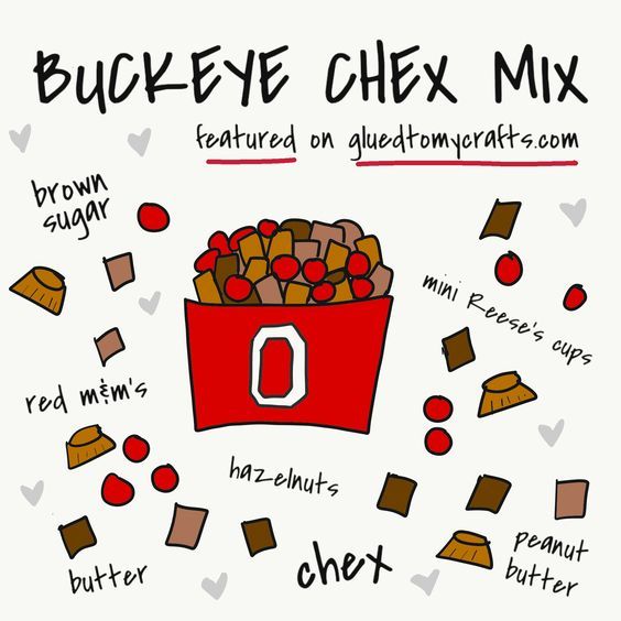 a bunch of food that is on top of a white surface with the words buckeye chex mix written below it