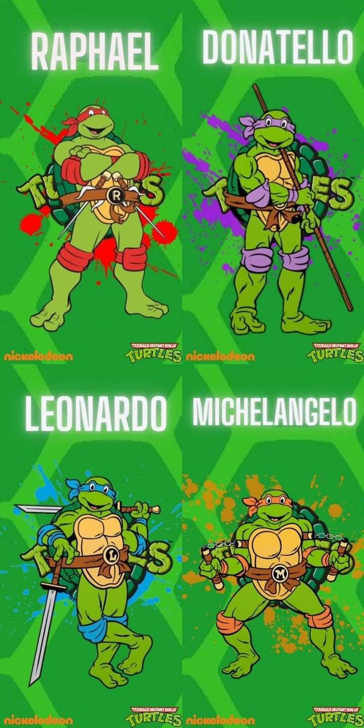 teenage mutant ninjas are depicted in this cartoon character poster, which features different colors and sizes