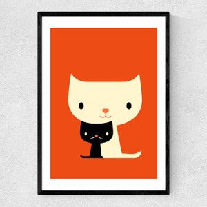 a black and white cat on an orange background