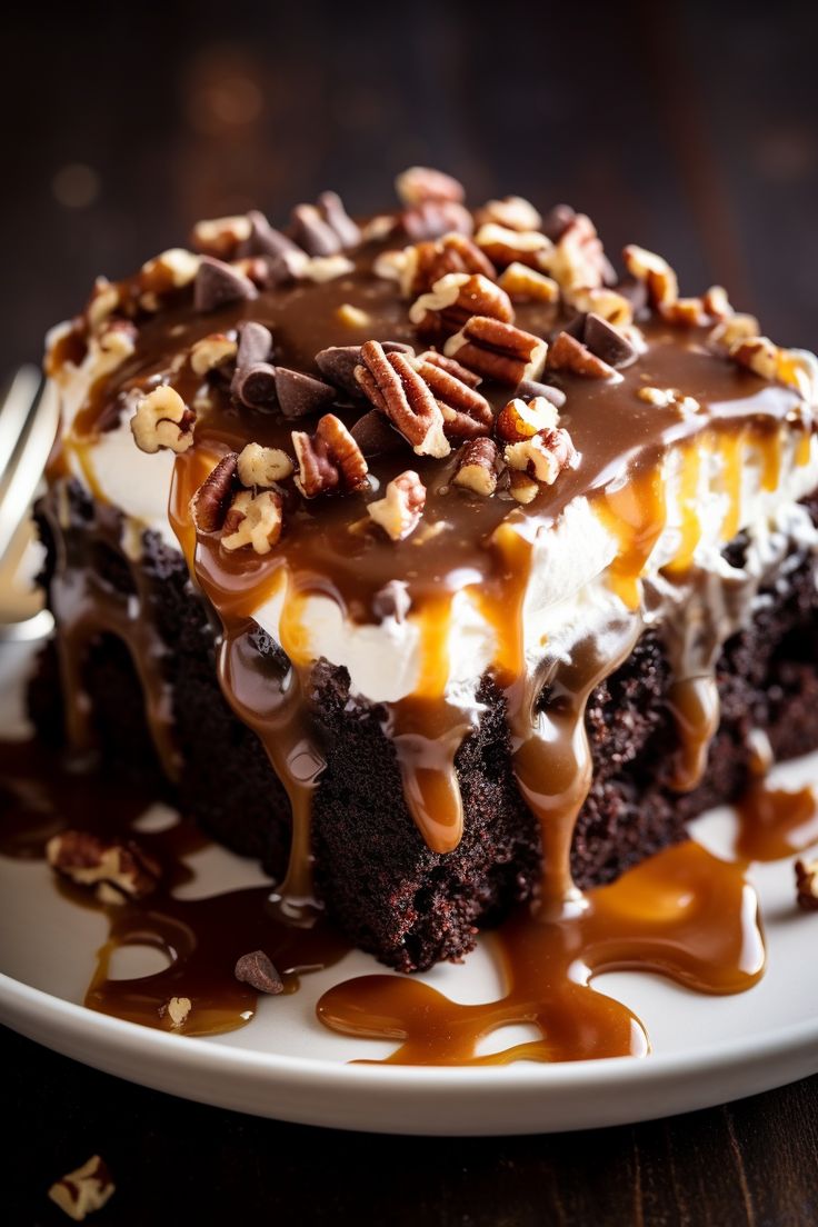 a piece of chocolate cake with pecans and caramel drizzle on top