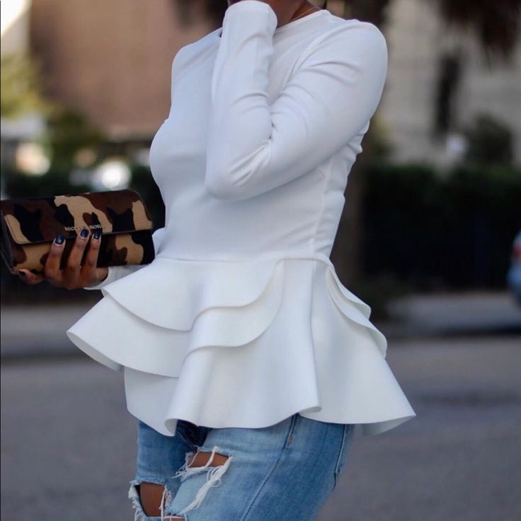 Peplum Top!! New!!! Feminine White Tops For Fall, White Ruffle Top For Night Out, White Ruffled Tops For Night Out, Casual White Blouse For Party, White Tops For Fall Night Out, White Tops For Night Out In Fall, Casual White Party Blouse, White Fall Brunch Tops, White Tops For Fall Party