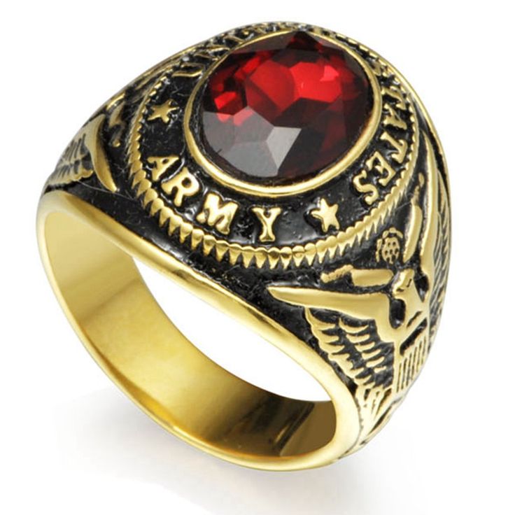 PRICES MAY VARY. Solid Stainless Steel Army Ring 18K Gold Plated. Polished and Comfort Fit Created Red Crystal Stone Nickel Free, Hypoallergenic Never Rust or Color Finger Army Rings, Marine Veteran, Masonic Ring, United States Army, Mens Accessories Jewelry, Mens Gold, Red Garnet, Stones And Crystals, Garnet