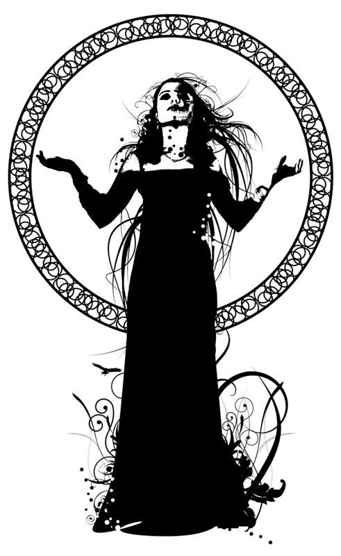 a black and white drawing of a woman in a long dress with her hands out