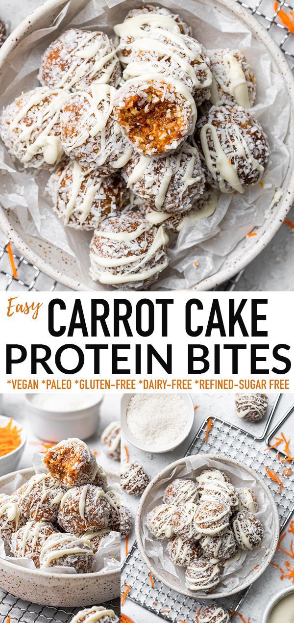 carrot cake protein bites on a plate with orange sprinkles and powdered sugar