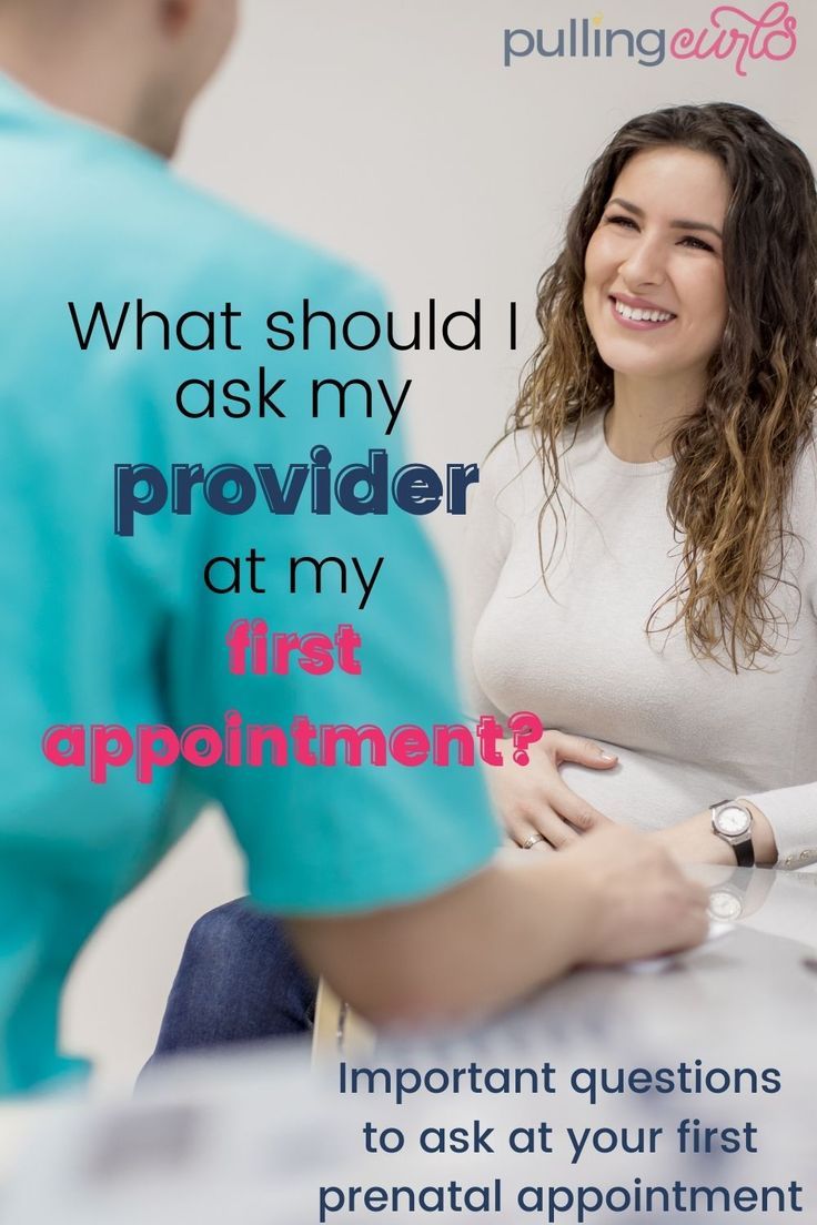 a pregnant woman sitting in front of a man with the caption what should i ask my provider at my first appointment?