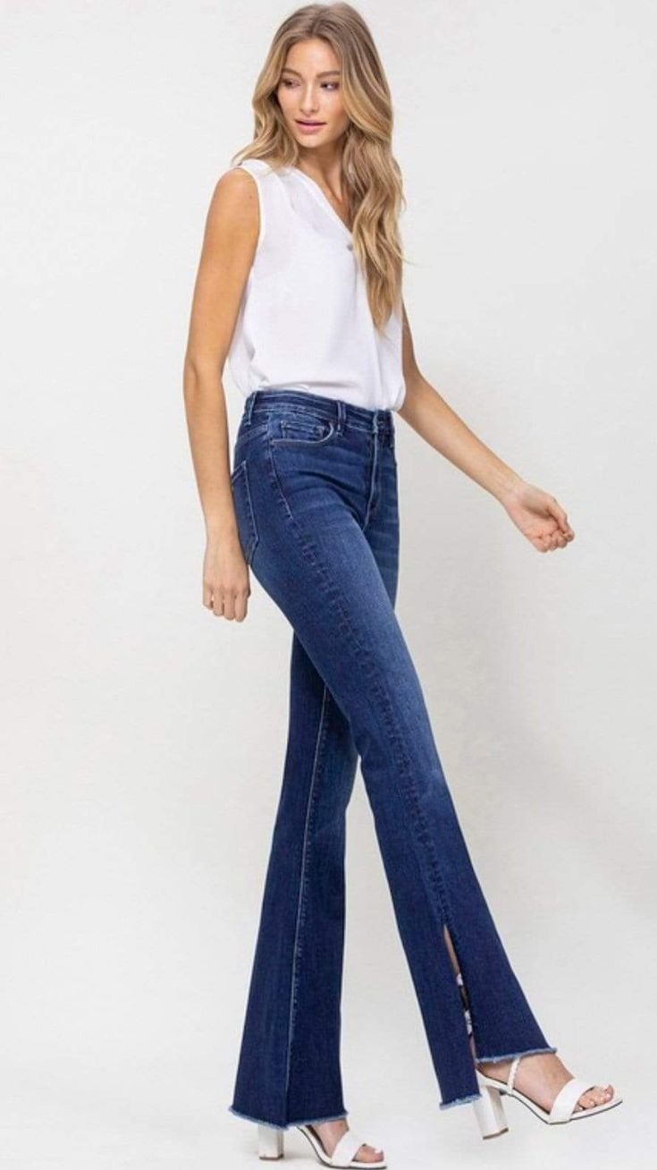 High Rise Flare with Slit Flair Jeans Outfit, Flair Jeans, Denim Flares, Jean Outfits, Bell Bottom Jeans, Stretch Denim, Denim Jeans, Going Out, Fashion Dresses