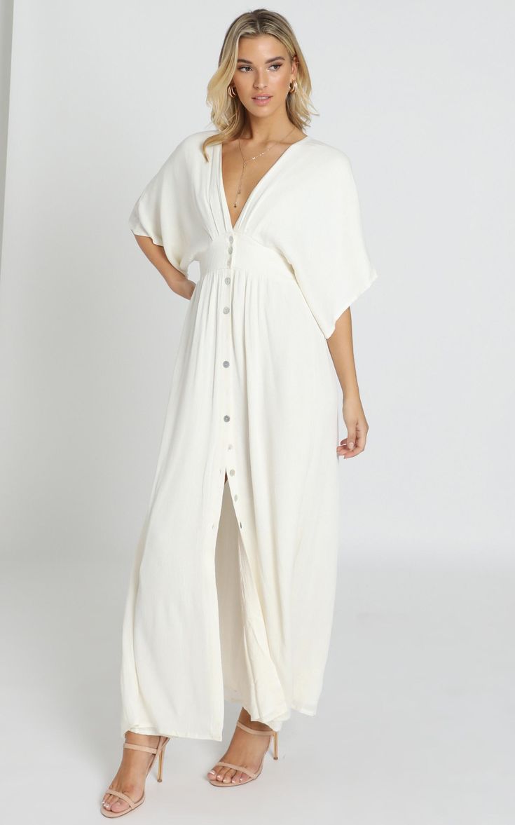 Sitting Pretty Dress In Natural | Showpo V-neck Maxi Dress With Button Closure For Daywear, Summer Button-up Maxi Dress For Daywear, Button-up Maxi Dress For Summer Daywear, Casual White Maxi Dress With Button Closure, Flowy V-neck Maxi Dress With Buttons, Chic Buttoned Maxi Dress For Daywear, Casual Maxi Dress With Buttons For Daywear, V-neck Midi Dress With Button Closure For Vacation, Summer Button-up Maxi Dress For Beach