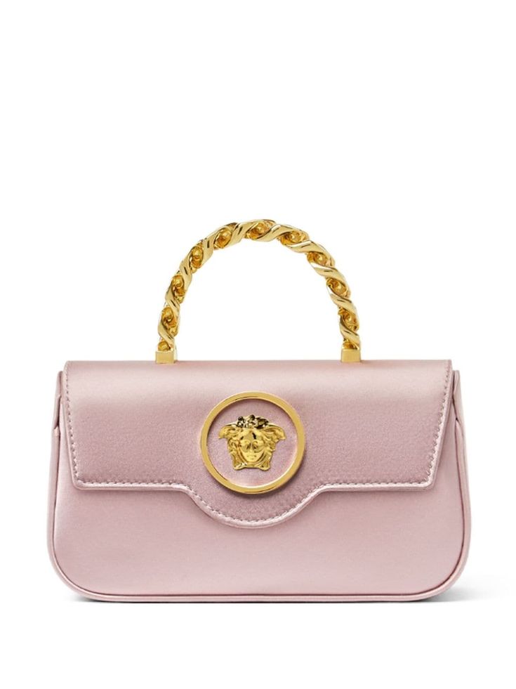 powder pink Medusa plaque detail gold-tone hardware braid detailing single metallic top handle detachable chain-link shoulder strap foldover top with magnetic fastening main compartment internal logo stamp internal slip pocket Pink Top Handle Shoulder Bag With Logo Hardware, Pink Formal Bag With Logo Hardware, Formal Pink Bag With Logo Hardware, Pink Rectangular Bag With Metal Logo, Evening Shoulder Bag With Gold-tone Logo And Double Handle, Designer Pink Bag With Metal Logo, Luxury Pink Bag With Metal Logo, Luxury Pink Bags With Metal Logo, Luxury Pink Evening Bag With Top Handle