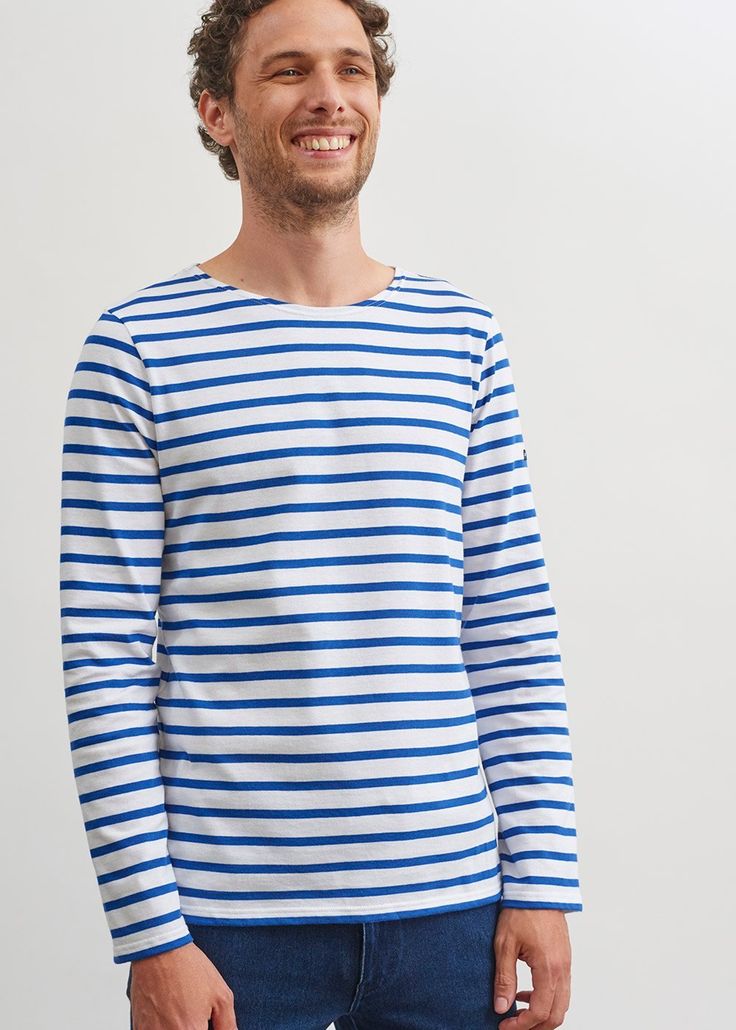 MINQUIERS MODERN - Authentic Breton Stripe Shirt | Soft Cotton | Men Fit (WHITE / ROYAL BLUE) White Marine Style Cotton Tops, Marine Style Long Sleeve Cotton Tops, White Marine Style Long Sleeve Top, White Sailor Style Long Sleeve Tops, Sailor Style Striped Long Sleeve Top, Sailor Striped Long Sleeve Top, Striped Sailor Long Sleeve Top, Spring Sailor Striped Top, Striped Sailor Style Top For Spring