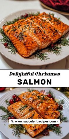 two pictures of salmon on plates with christmas decorations