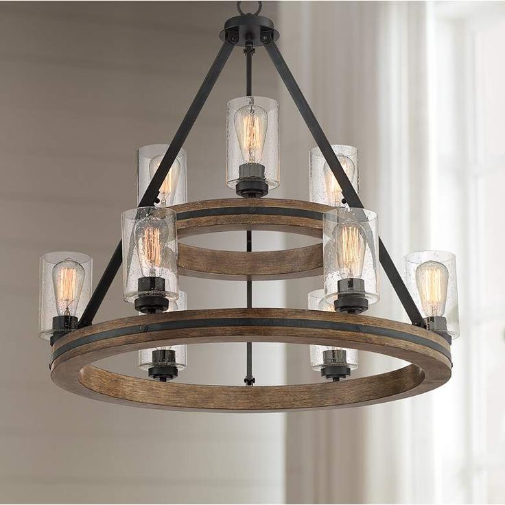 Franklin Iron Gorham 32" Wagon Wheel 2-Tier 9-Light Ring Chandelier - #72N26 | Lamps Plus Metal Wagon, Living Room Lighting Tips, Farmhouse Style Lighting, Chandelier Farmhouse, Farmhouse Chandeliers, Wheel Chandelier, Ring Chandelier, Wagon Wheel Chandelier, Farmhouse Chandelier