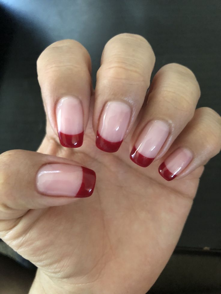 Red tip nails Red French Nails Design Square, Nude Nails With Red Tips, Red Tip Dip Nails, French Nails With Red Tips, Red French Tip Nails Squoval, Red French Tip Square Nails, Red Fade Nails, Dark Red French Tip Nails Square, French Tip Acrylic Nails Color