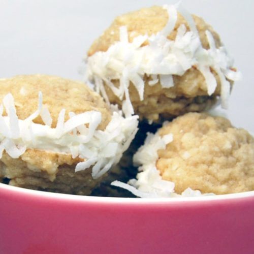 three desserts in a pink bowl with coconut on top