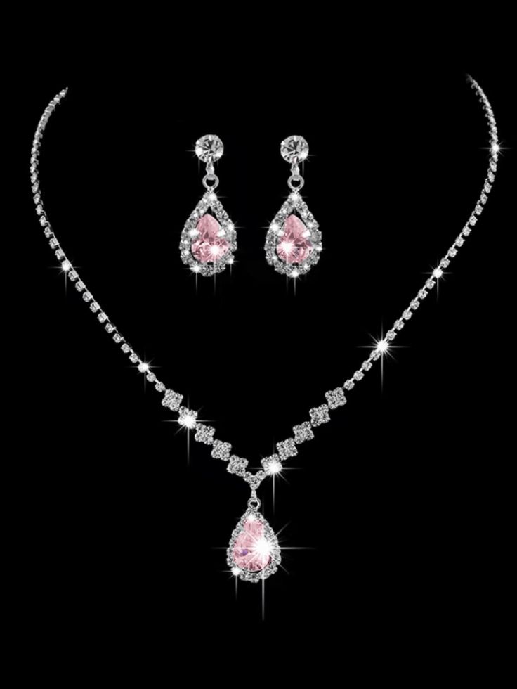 Sparkling  Bride Jewelry Set Including Earrings And Necklace, Waterdrop Shaped Jewelry Set Pink         Women Fashion Jewelry, size features are:Bust: ,Length: ,Sleeve Length: Pandora Necklace And Earrings Set, Pink Diamond Necklace Set, Silver And Pink Jewelry, Quinceanera Jewelry Set, Quinceanera Jewelry, Pink Gold Jewelry, Diamond Earrings Wedding, Pink Jewelry Set, Bride Jewelry Set